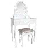 Set masa de toaleta si scaun oglinda ovala 3 sertare design vintage alb